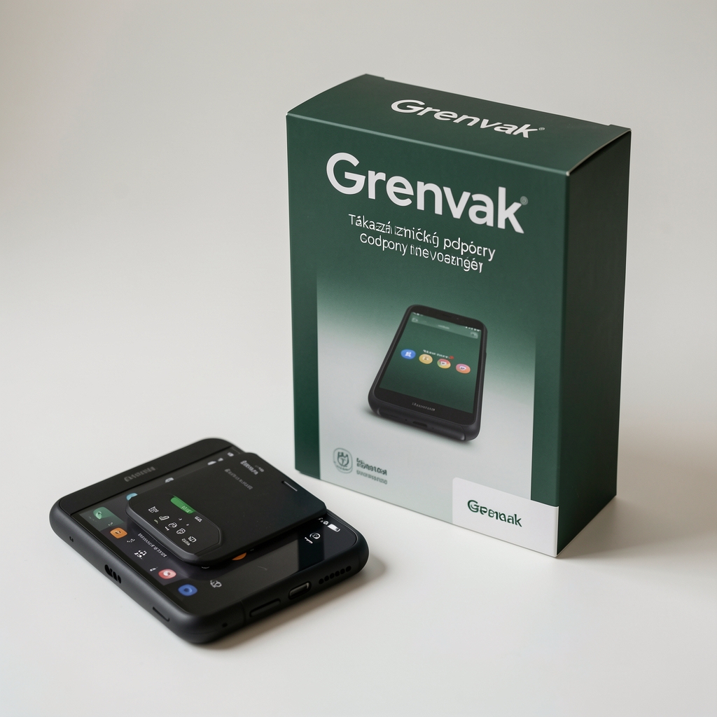 Detail telefónu a poznámok zákazníckej podpory Grenvak vedľa elegantného produktového balenia