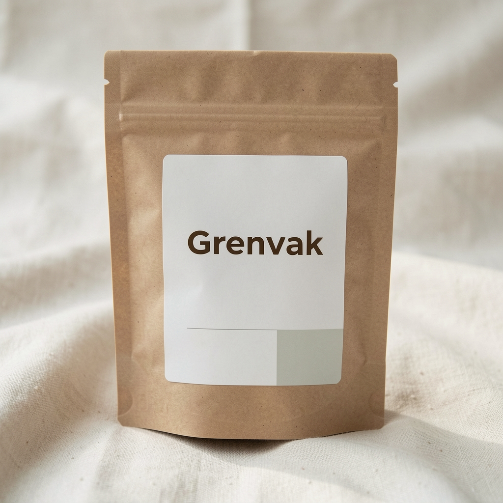Detail recyklovateľného balenia Grenvak s minimalistickou etiketou na svetlom textilnom podklade
