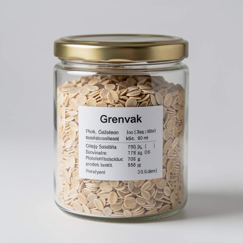 Sklenená dóza s čistými surovinami a kartičkou s podrobným zložením produktu Grenvak